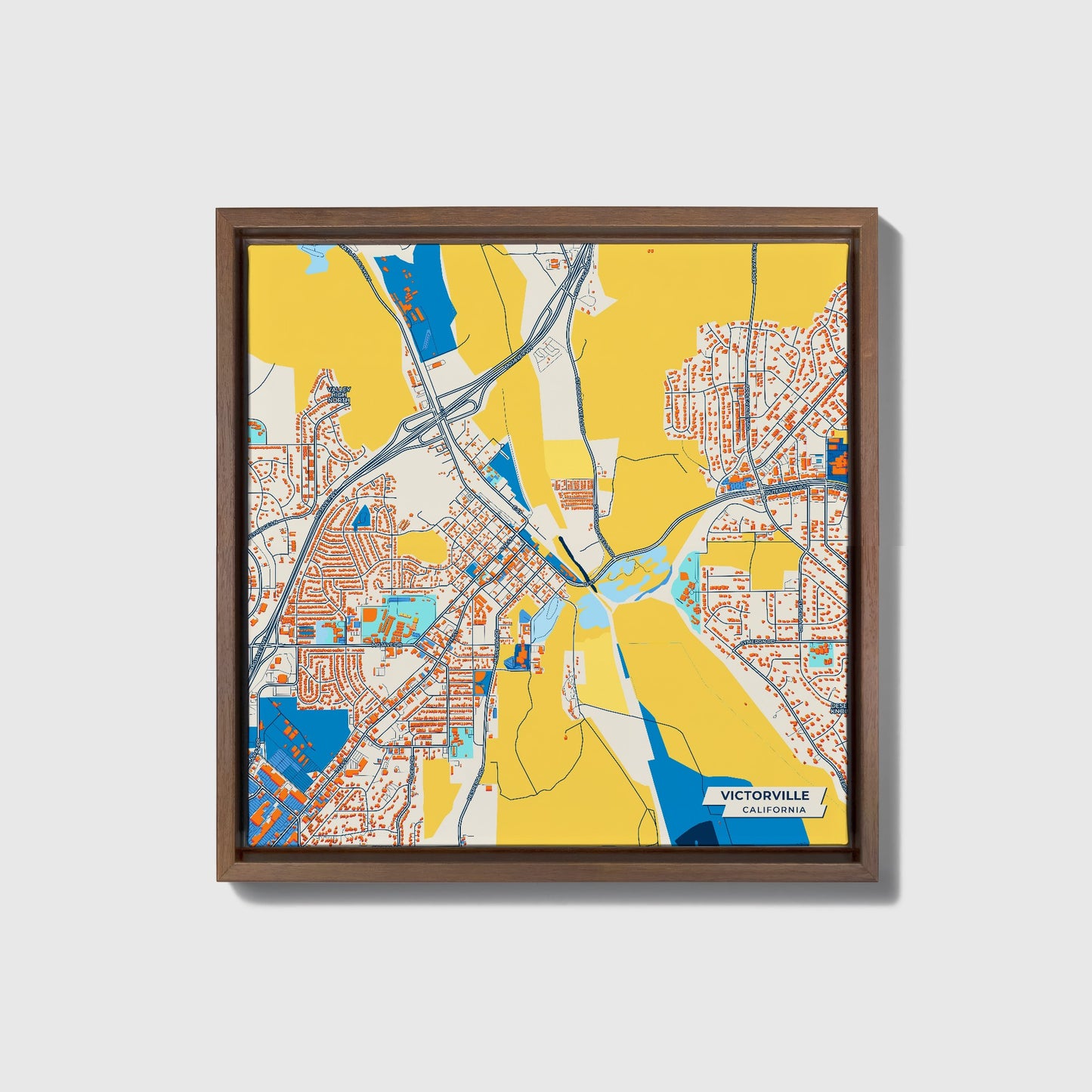 Victorville California Colorful City Map Canvas Print • Dark Wooden Framed
