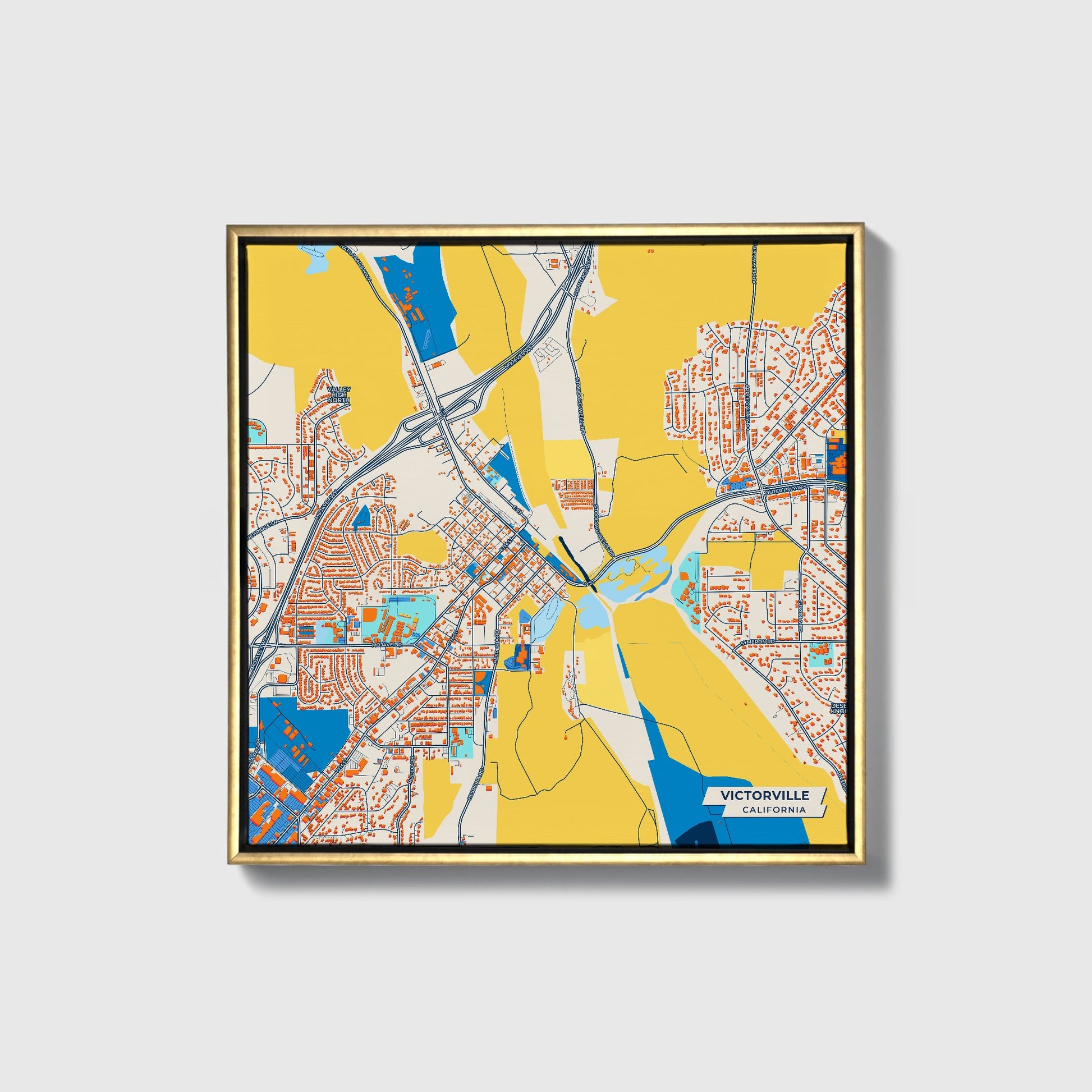 Victorville California Colorful City Map Canvas Print • Gold Framed