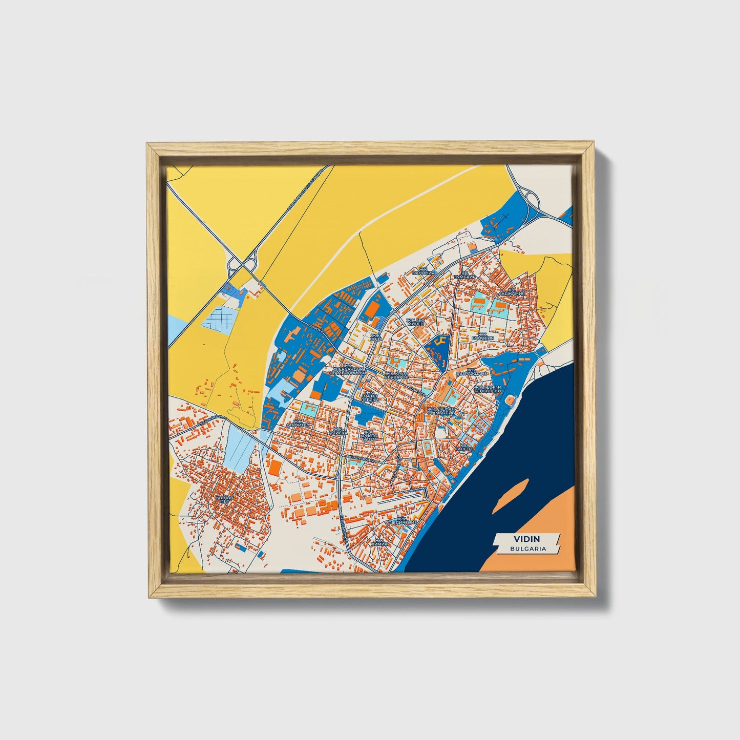 Видин Bulgaria Colorful City Map Canvas Print • Natural Wooden Framed