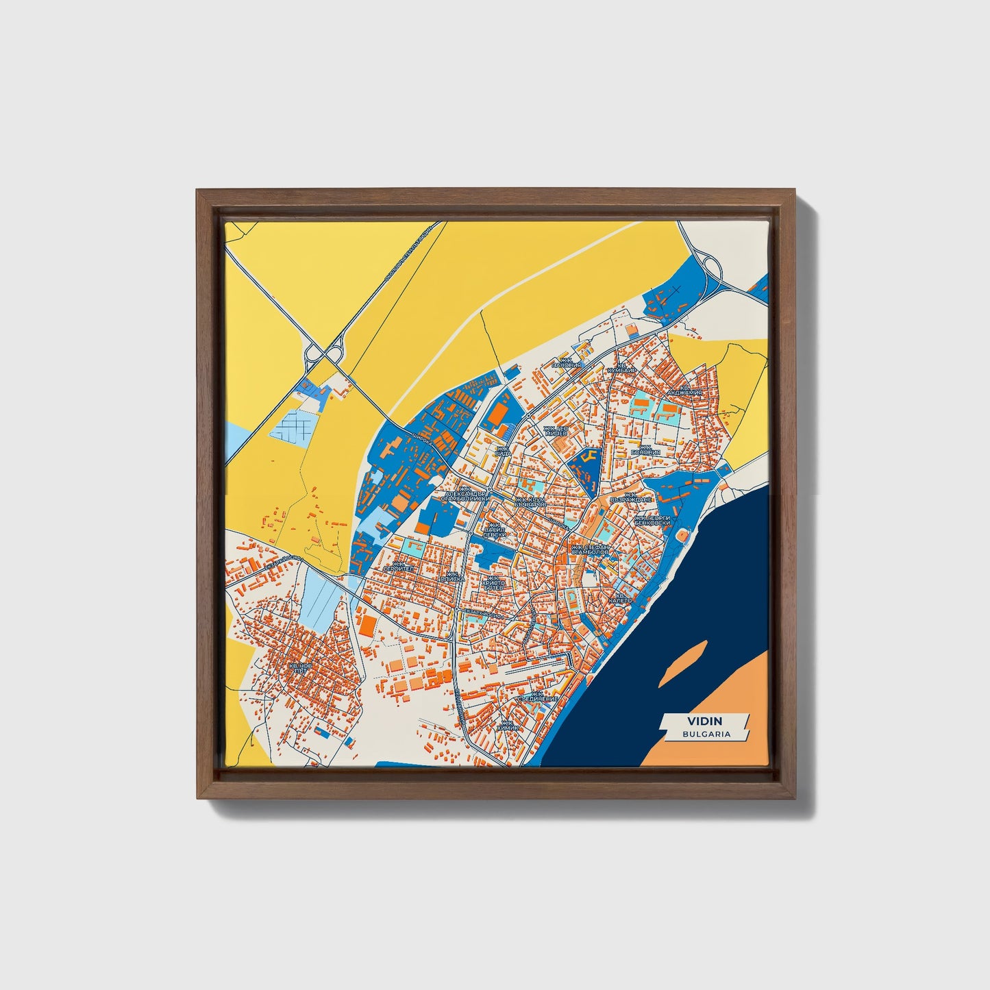 Видин Bulgaria Colorful City Map Canvas Print • Dark Wooden Framed