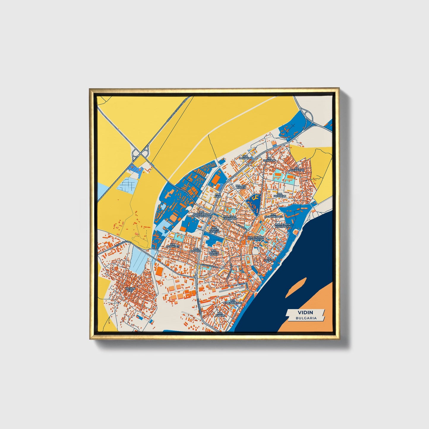 Видин Bulgaria Colorful City Map Canvas Print • Gold Framed