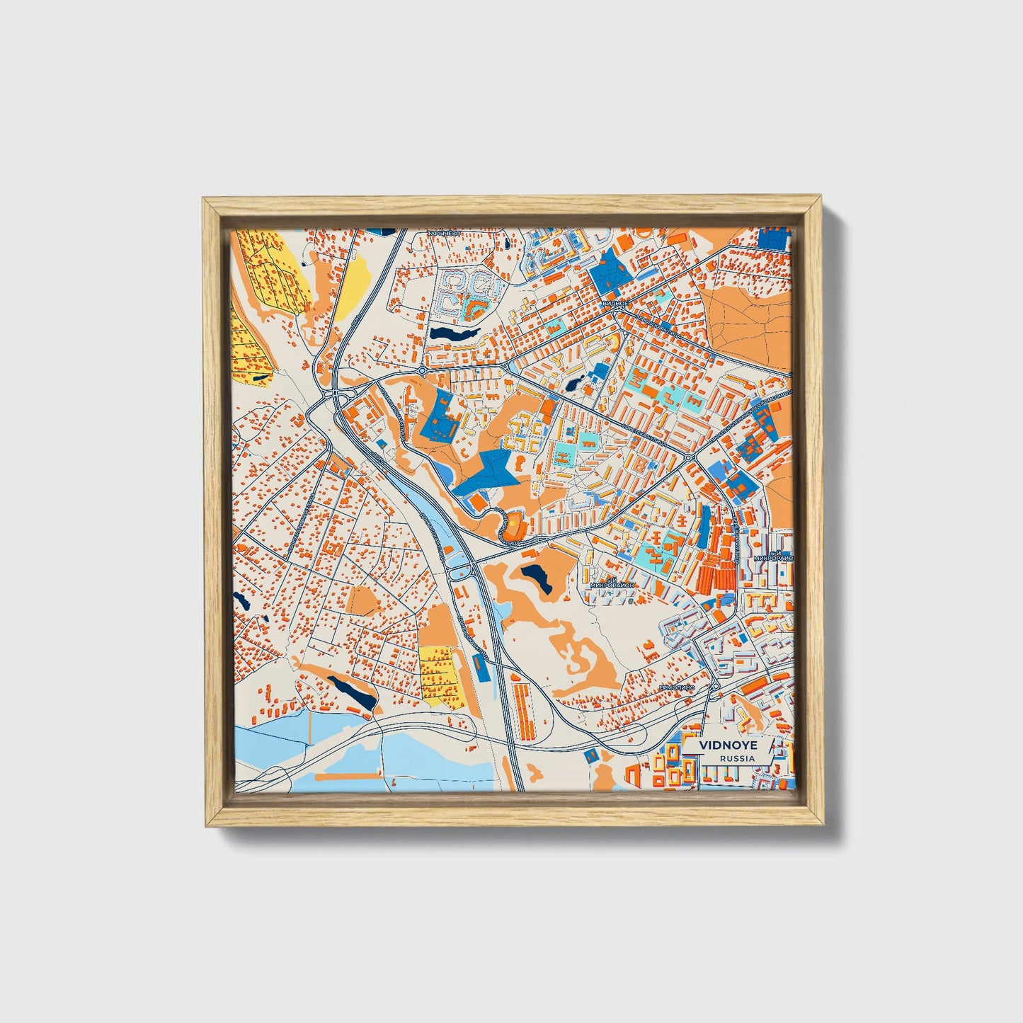 Видное Russia Colorful City Map Canvas Print • Natural Wooden Framed