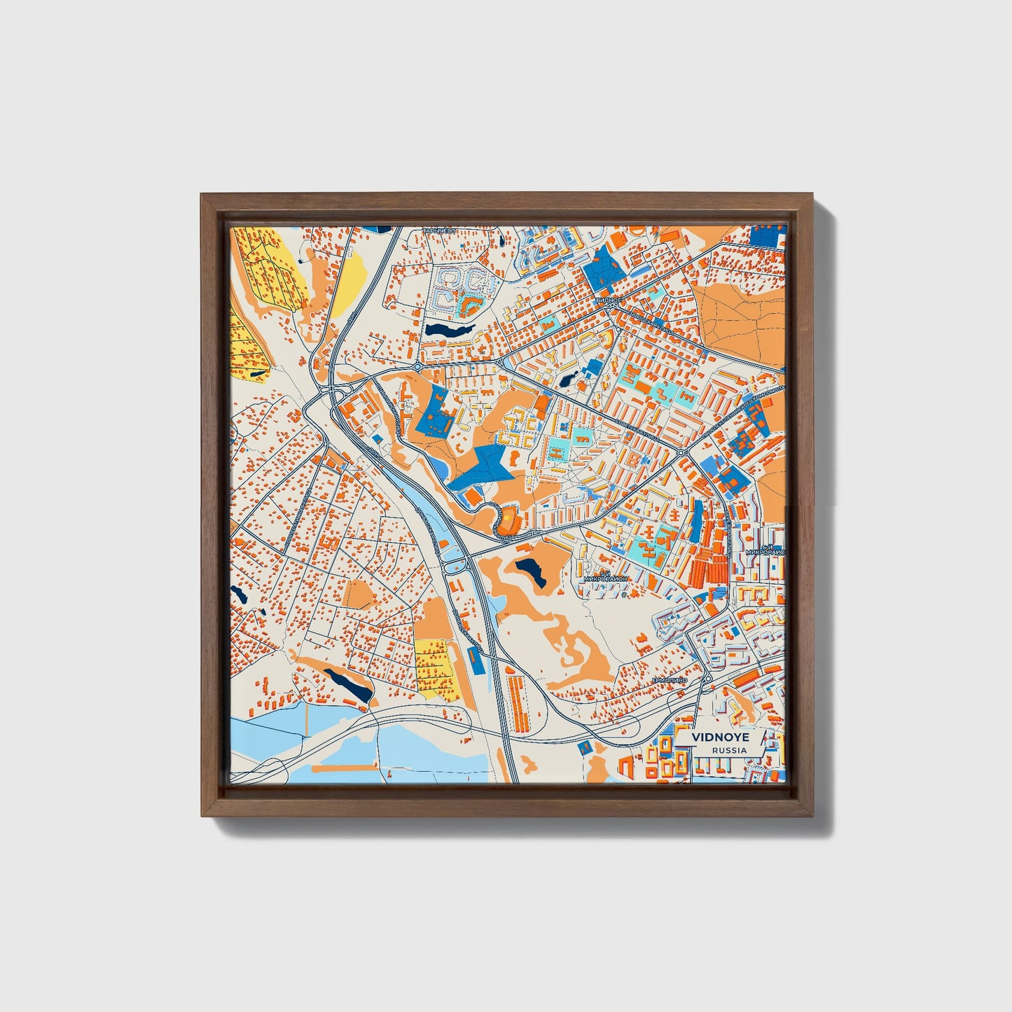 Видное Russia Colorful City Map Canvas Print • Dark Wooden Framed
