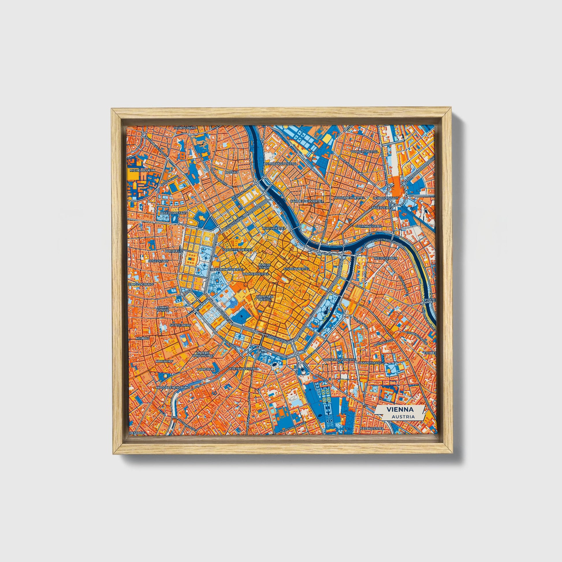 Wien Austria Colorful City Map Canvas Print • Natural Wooden Framed