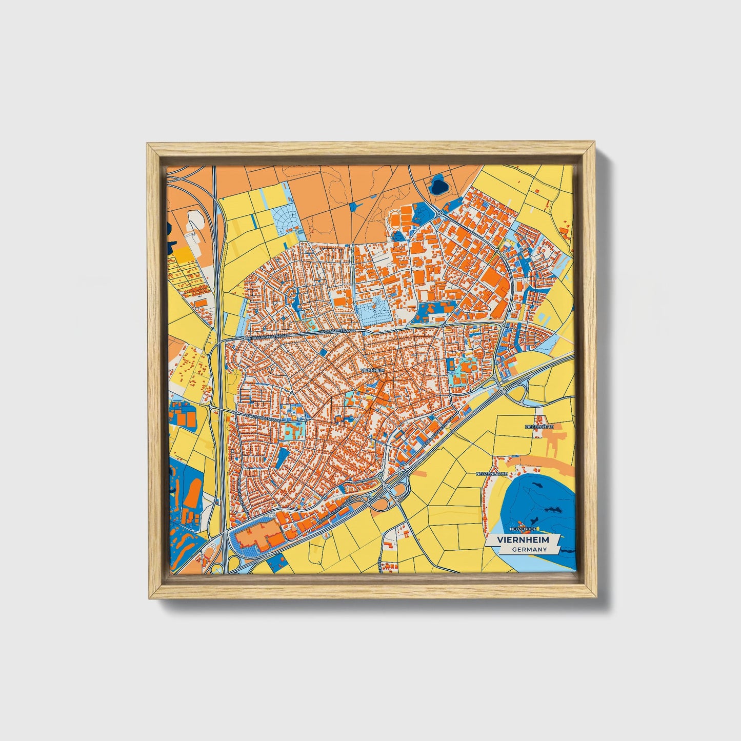 Viernheim Germany Colorful City Map Canvas Print • Natural Wooden Framed