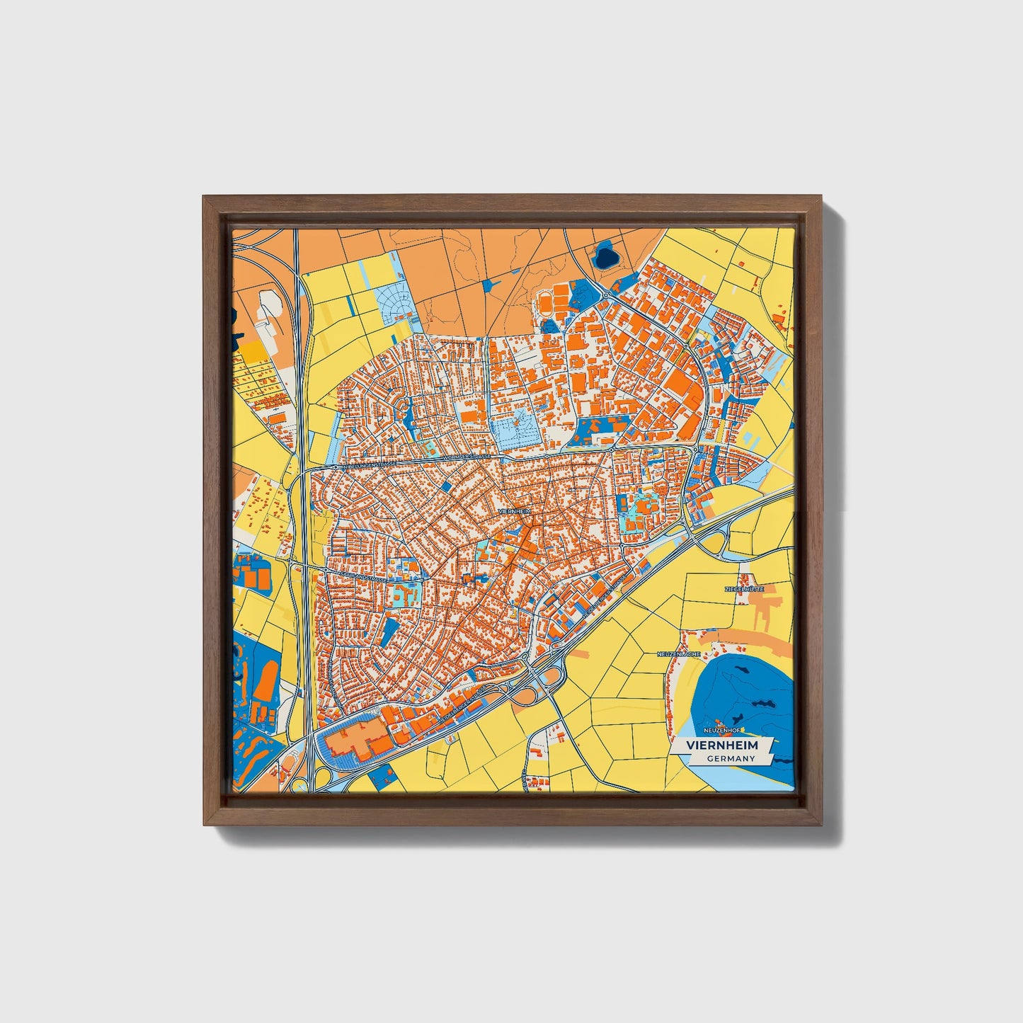 Viernheim Germany Colorful City Map Canvas Print • Dark Wooden Framed