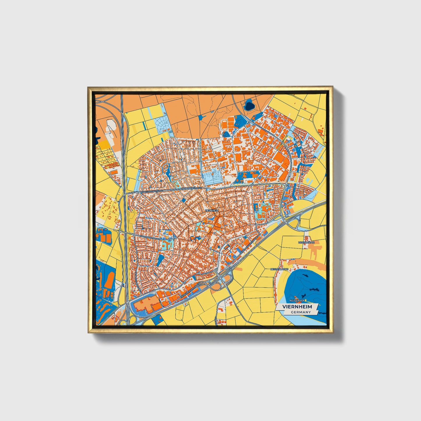 Viernheim Germany Colorful City Map Canvas Print • Gold Framed