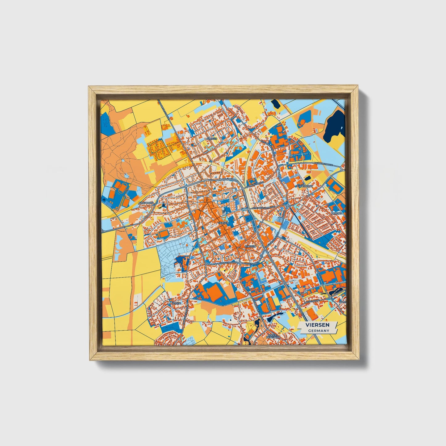 Viersen Germany Colorful City Map Canvas Print • Natural Wooden Framed