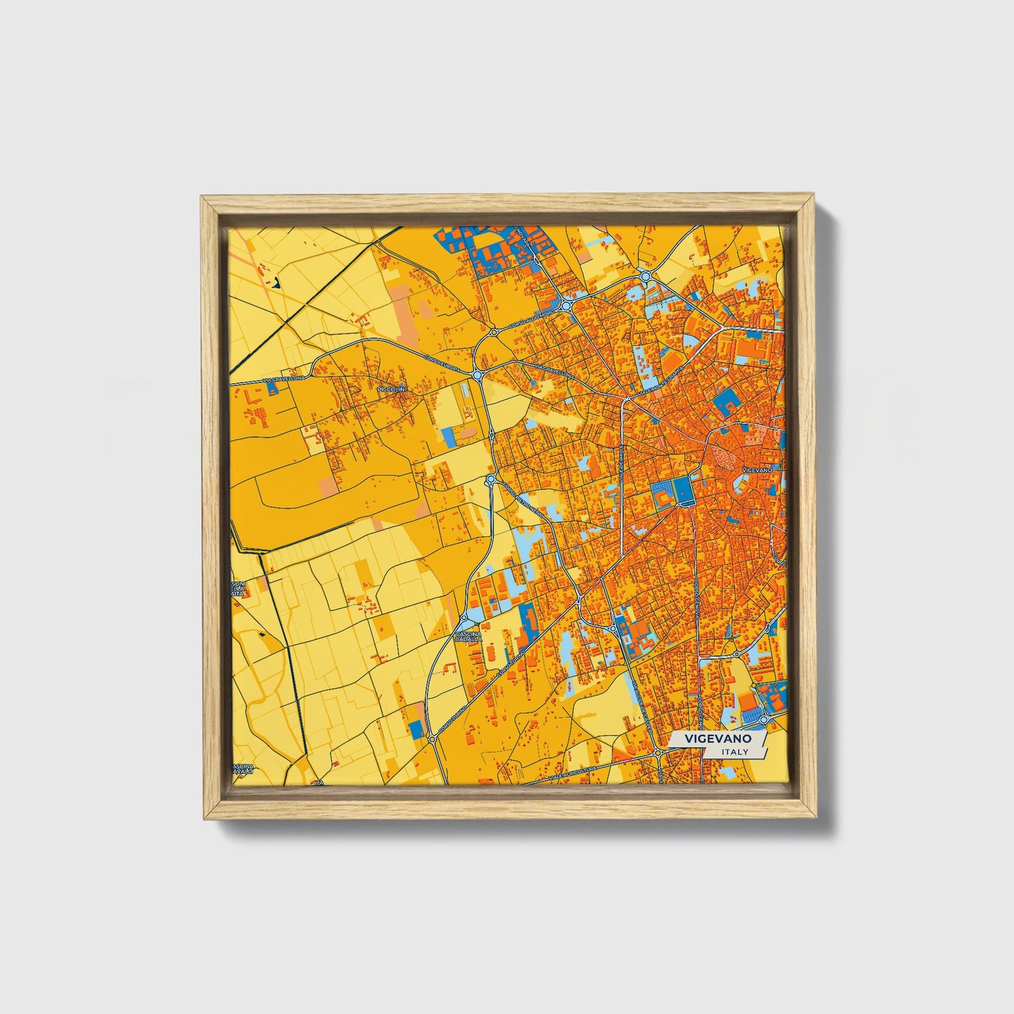Vigevano Italy Colorful City Map Canvas Print • Natural Wooden Framed