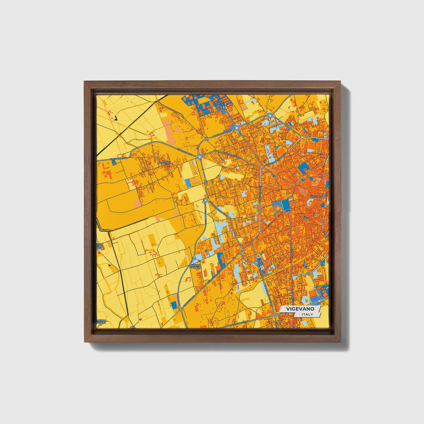 Vigevano Italy Colorful City Map Canvas Print • Dark Wooden Framed