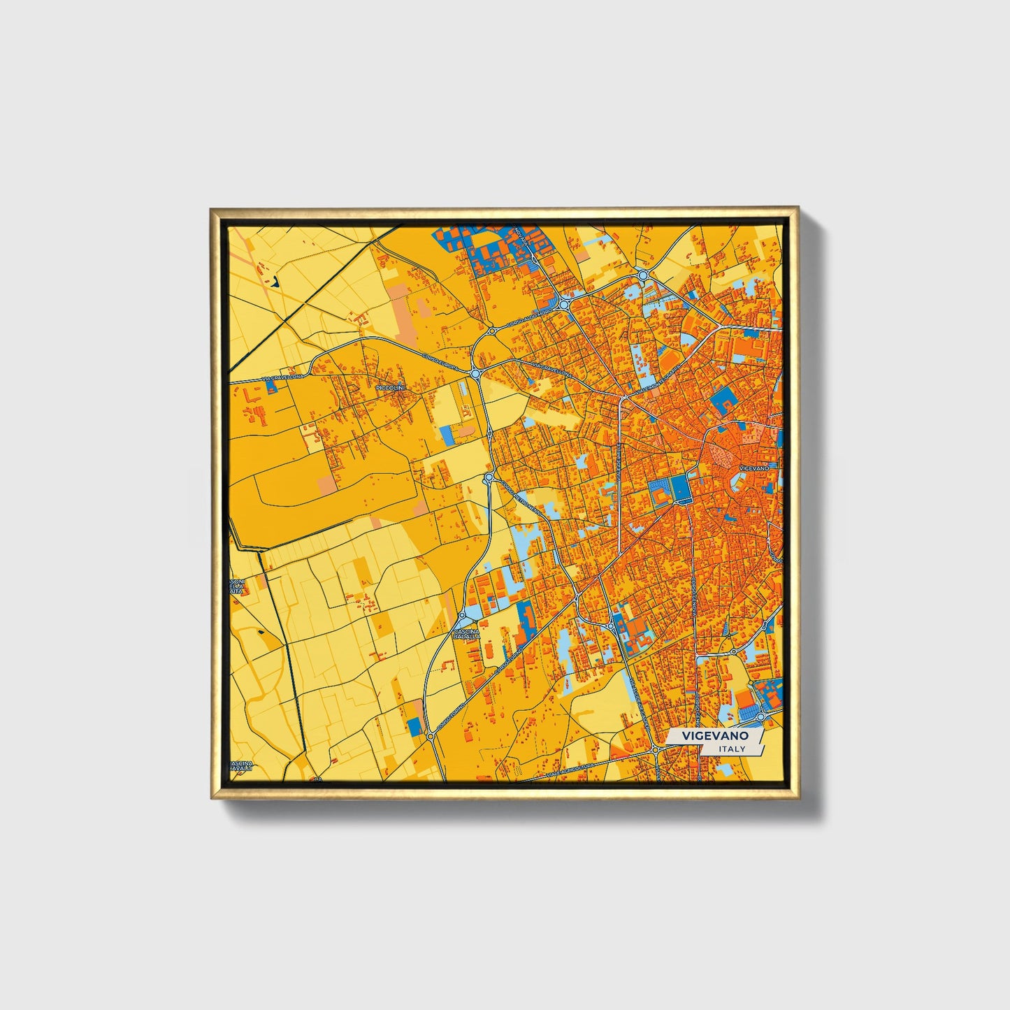 Vigevano Italy Colorful City Map Canvas Print • Gold Framed