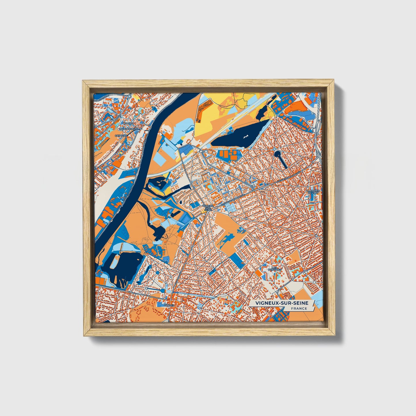 Vigneux-Sur-Seine France Colorful City Map Canvas Print • Natural Wooden Framed