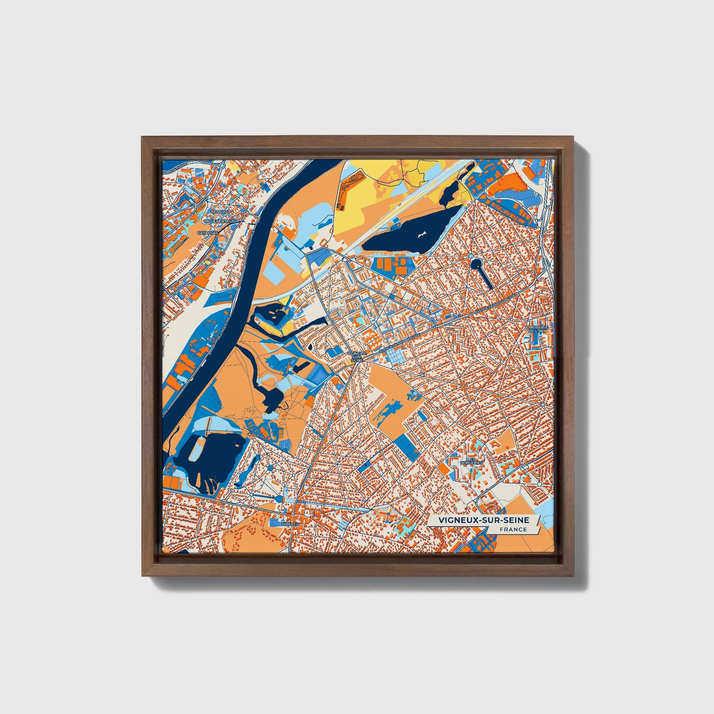 Vigneux-Sur-Seine France Colorful City Map Canvas Print • Dark Wooden Framed