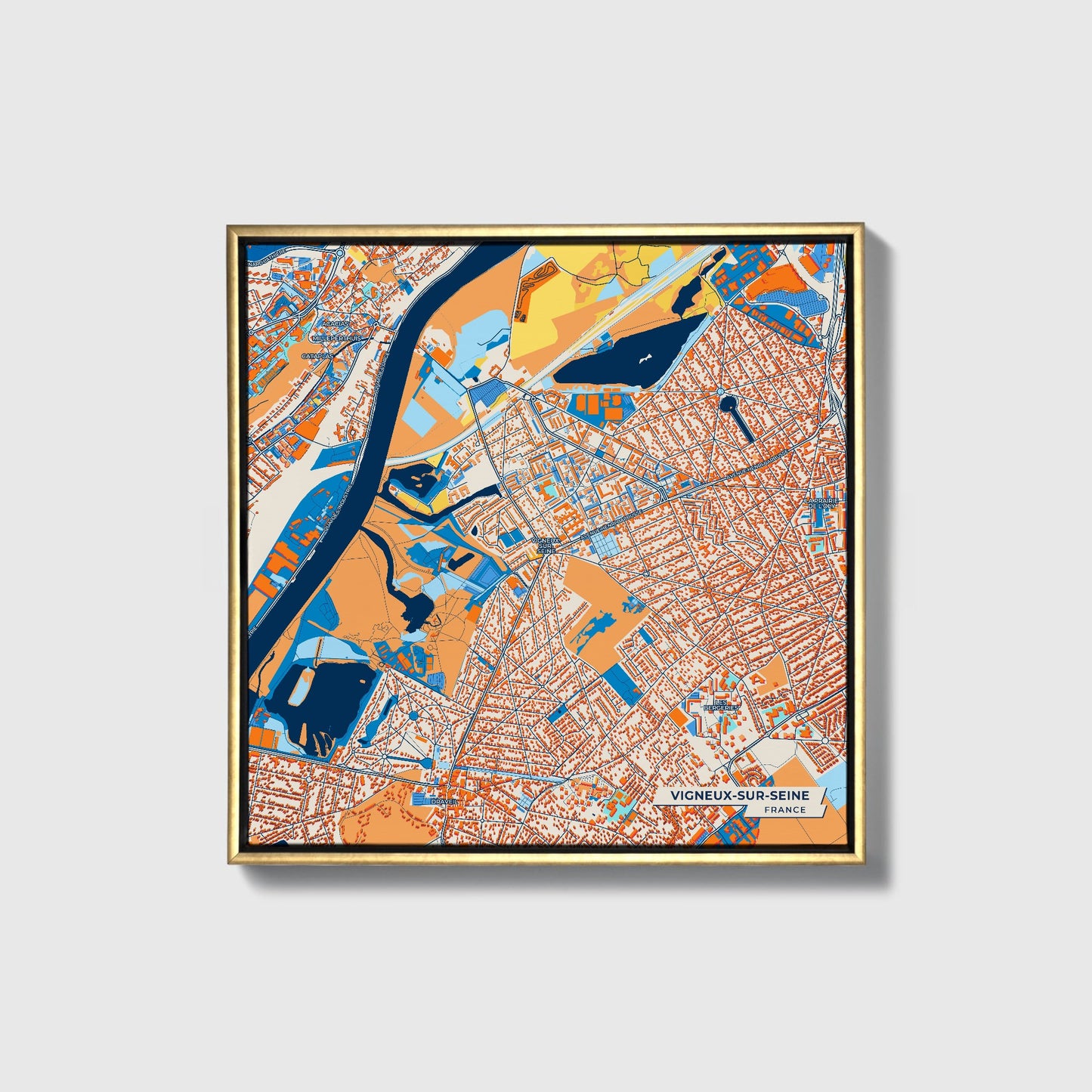 Vigneux-Sur-Seine France Colorful City Map Canvas Print • Gold Framed