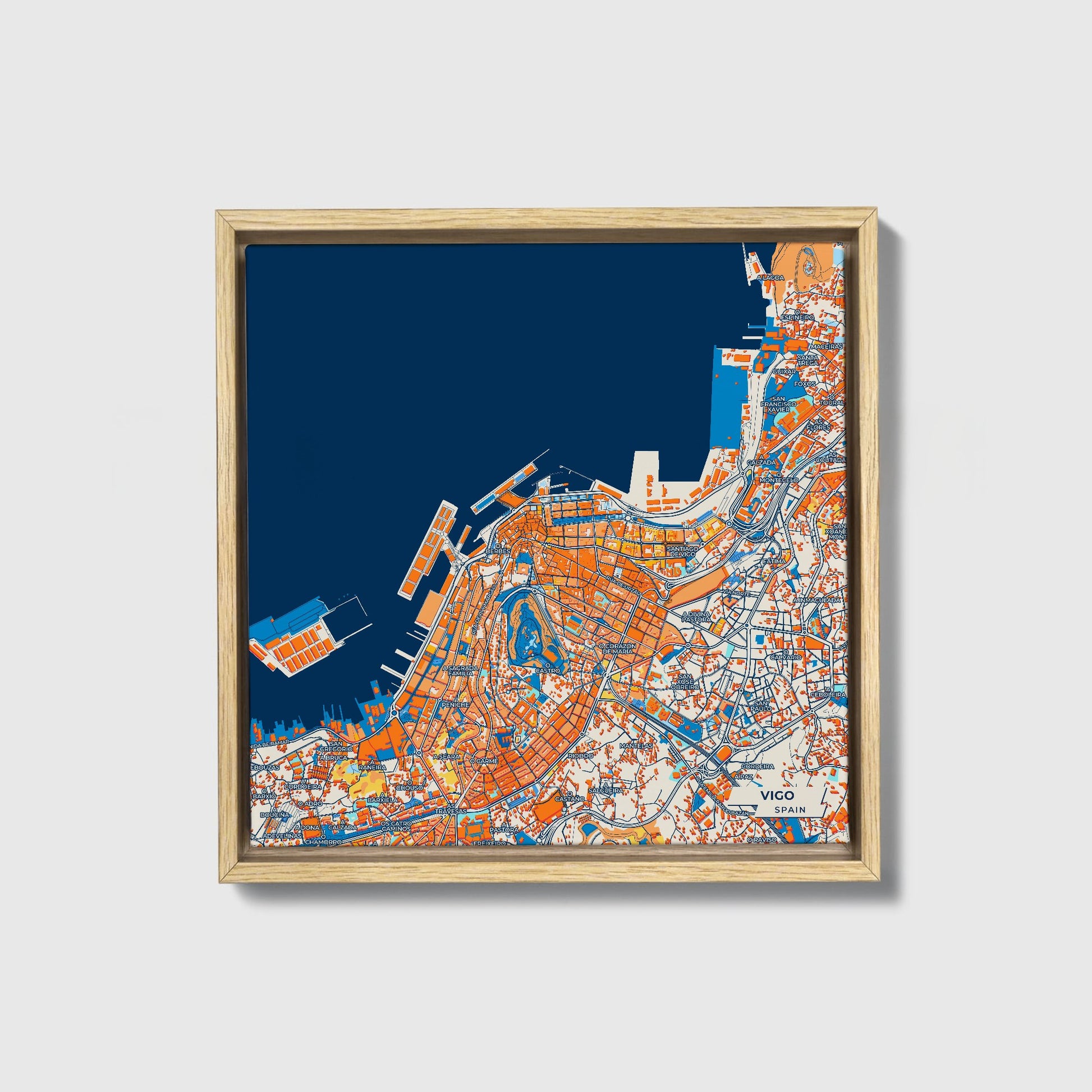 Vigo Spain Colorful City Map Canvas Print • Natural Wooden Framed