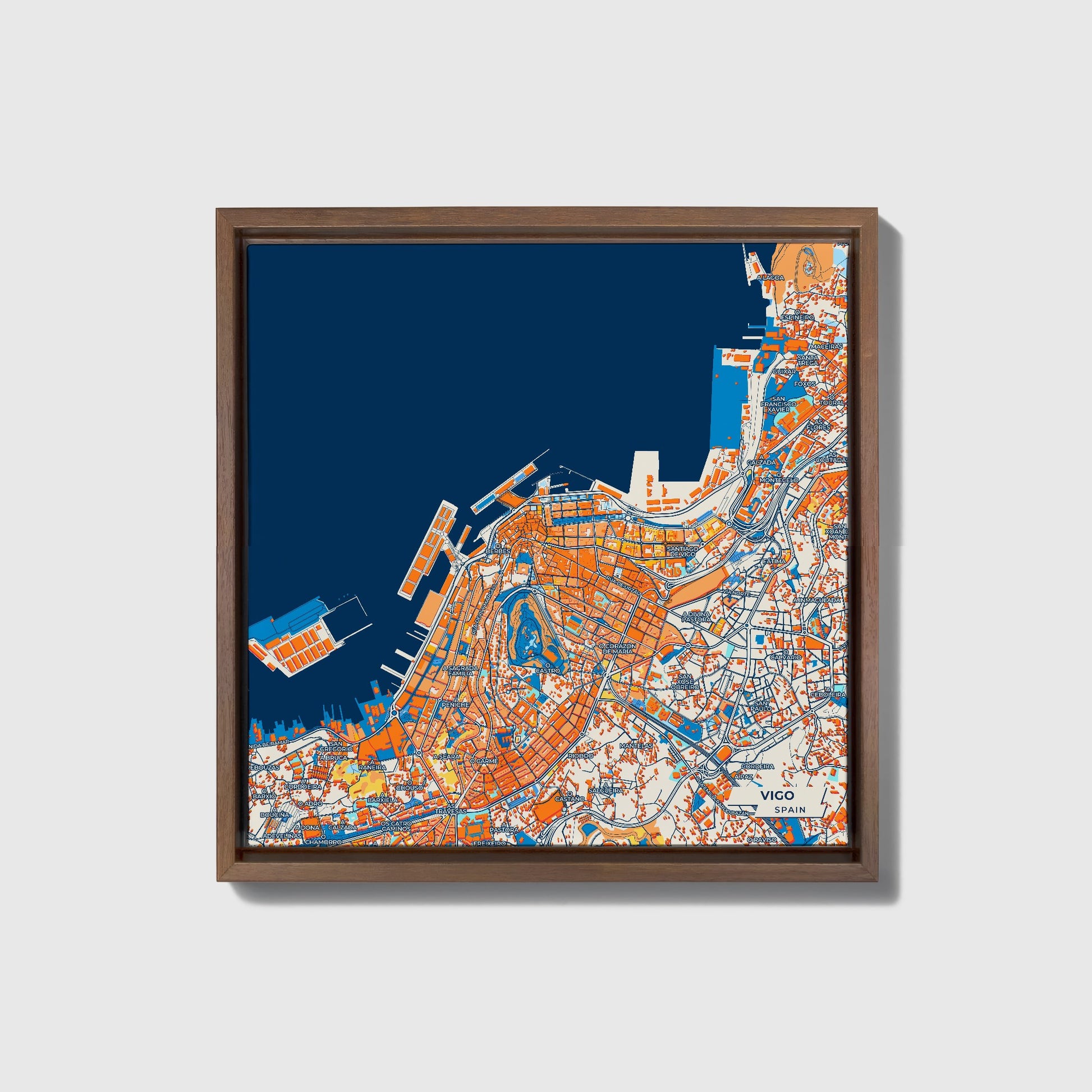 Vigo Spain Colorful City Map Canvas Print • Dark Wooden Framed