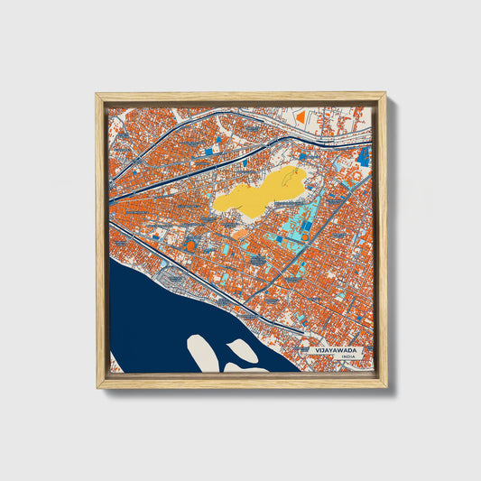 Vijayawada India Colorful City Map Canvas Print • Natural Wooden Framed
