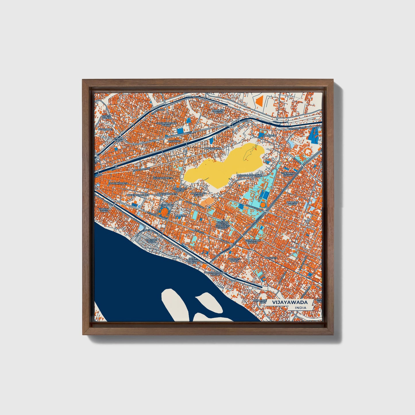 Vijayawada India Colorful City Map Canvas Print • Dark Wooden Framed