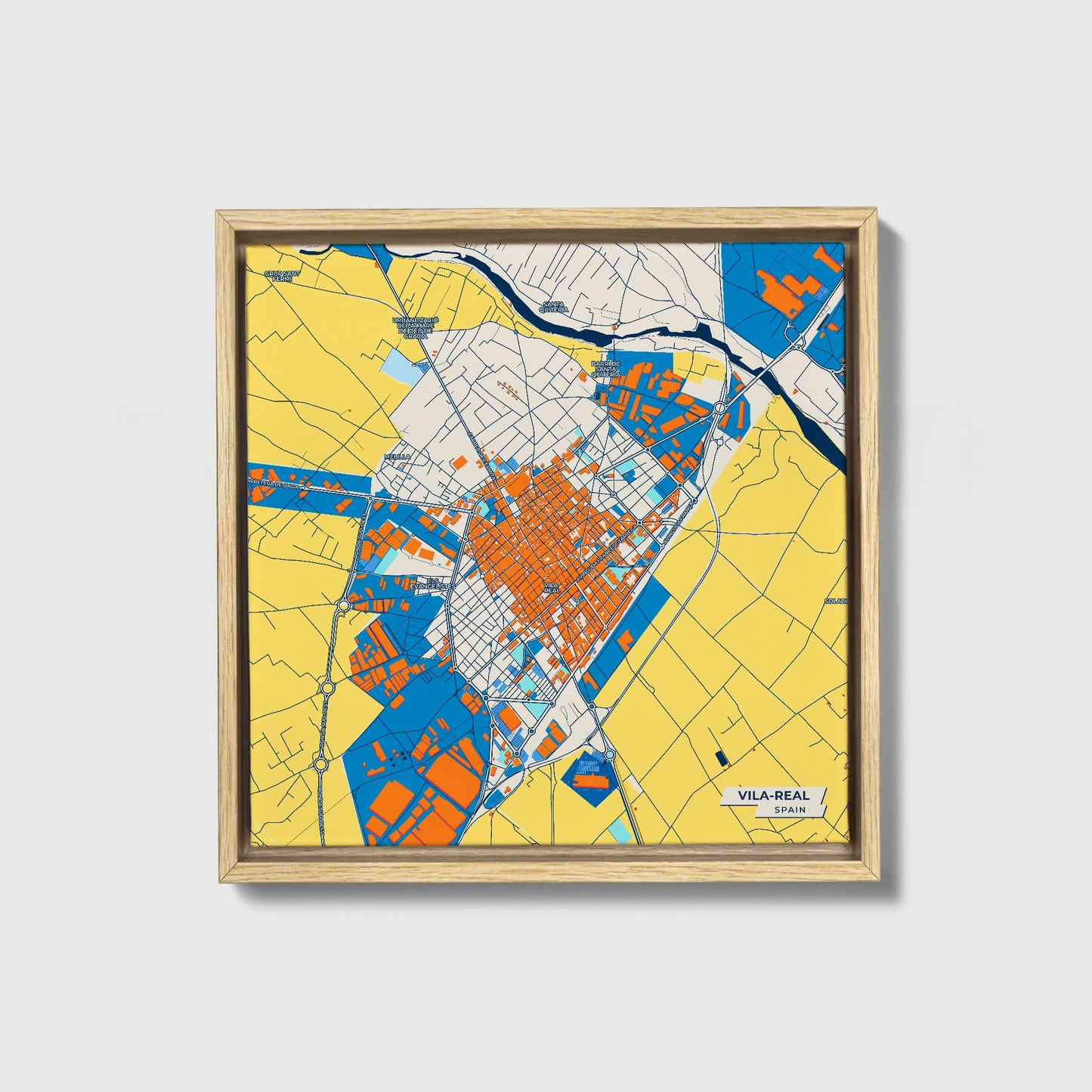 Vila-Real Spain Colorful City Map Canvas Print • Natural Wooden Framed