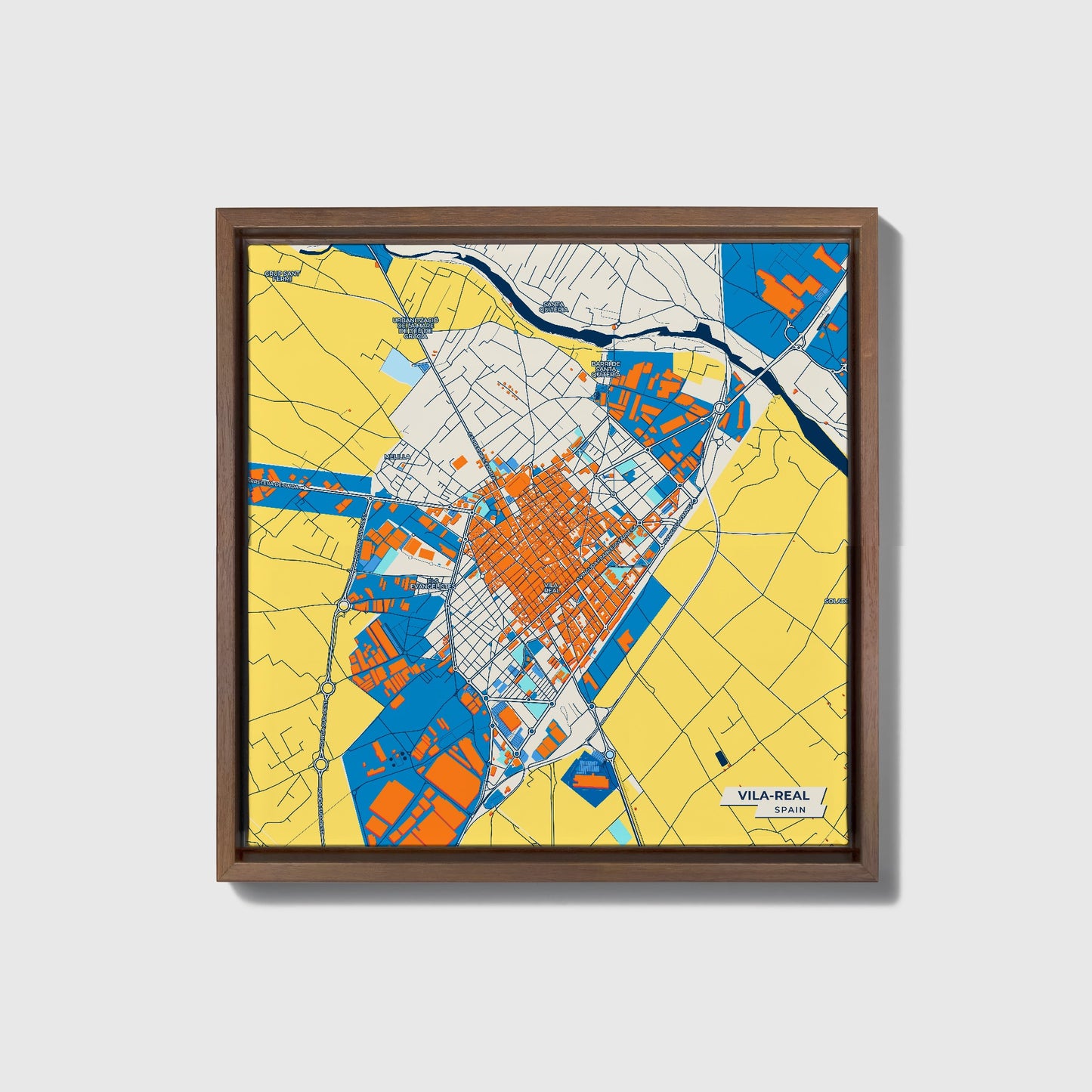 Vila-Real Spain Colorful City Map Canvas Print • Dark Wooden Framed