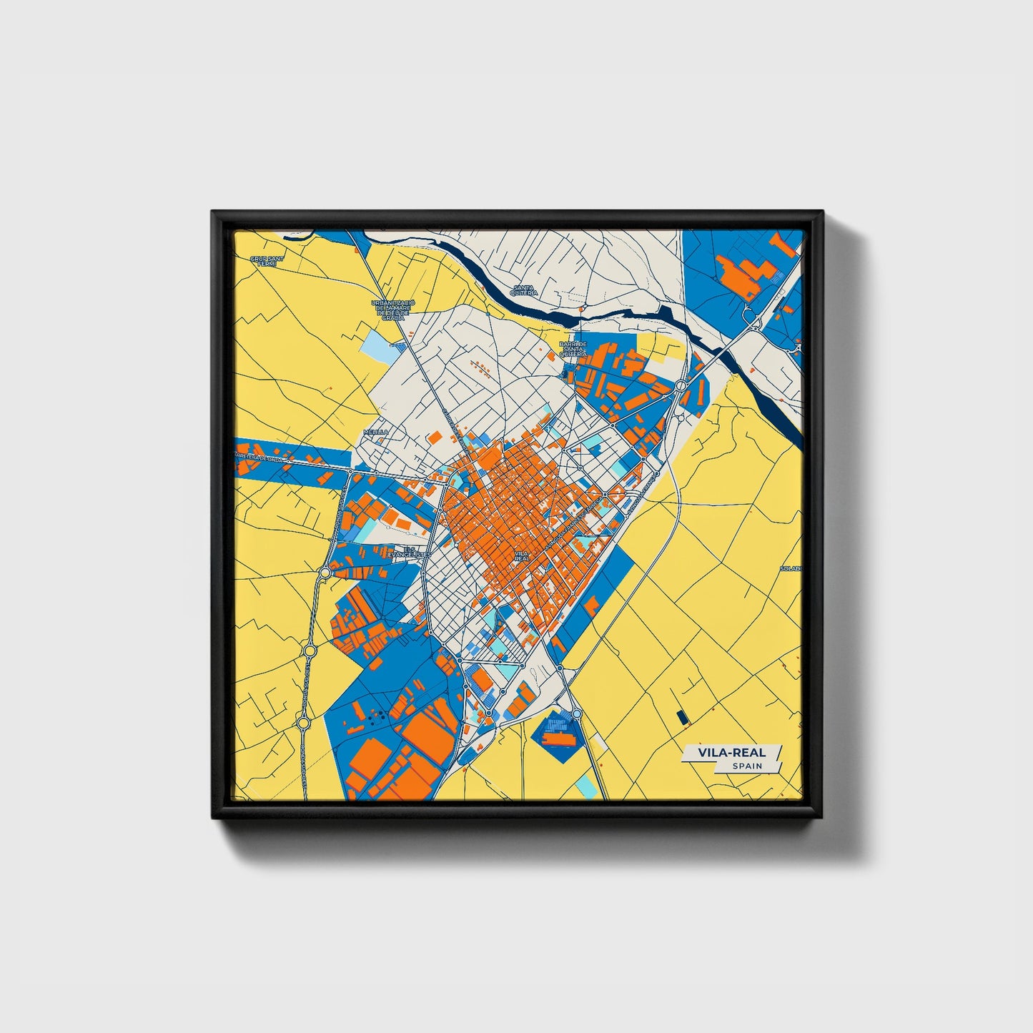 Vila-Real Spain Colorful City Map Canvas Print • Black Framed