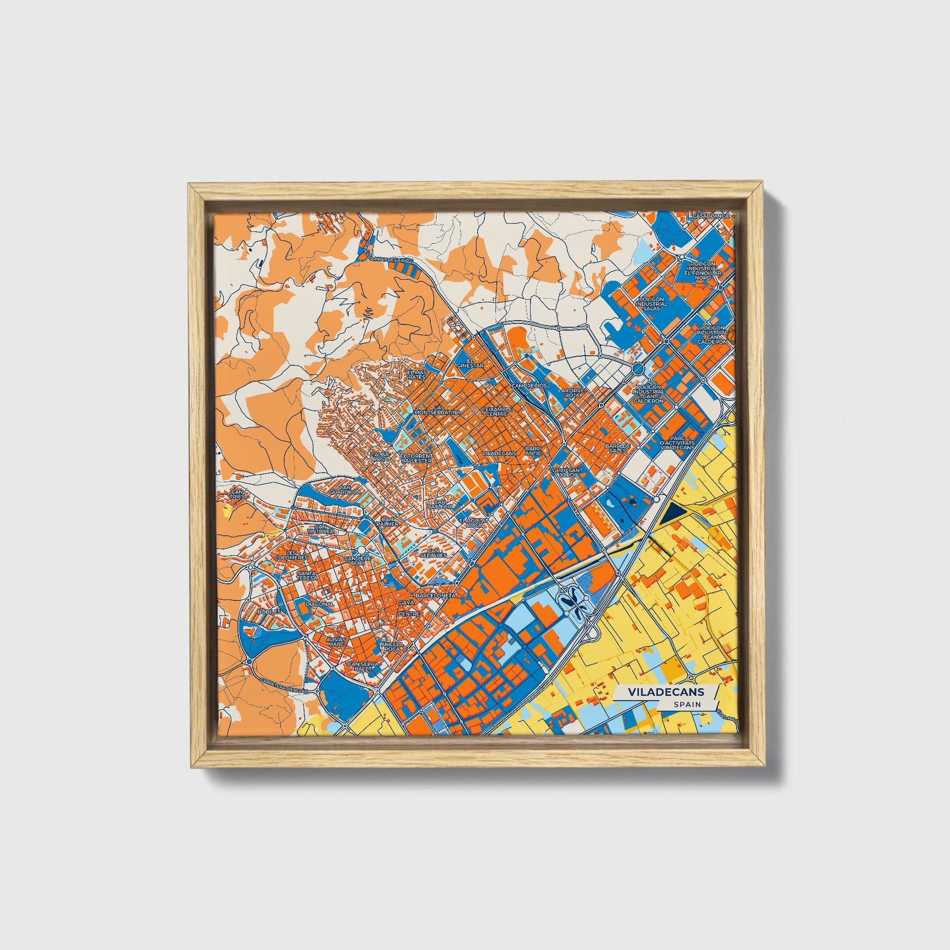 Viladecans Spain Colorful City Map Canvas Print • Natural Wooden Framed