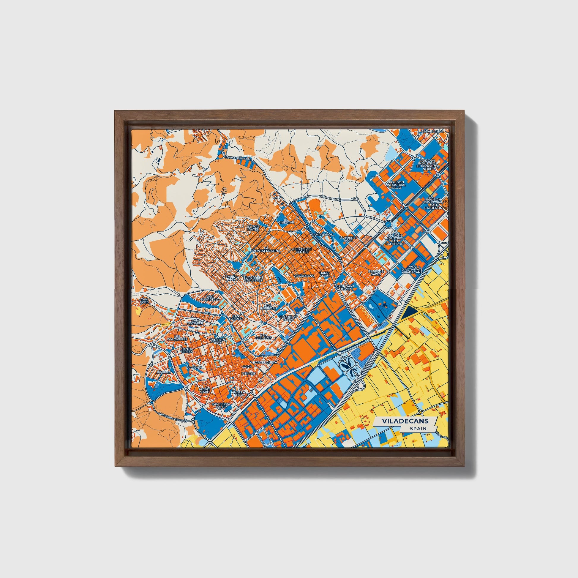 Viladecans Spain Colorful City Map Canvas Print • Dark Wooden Framed