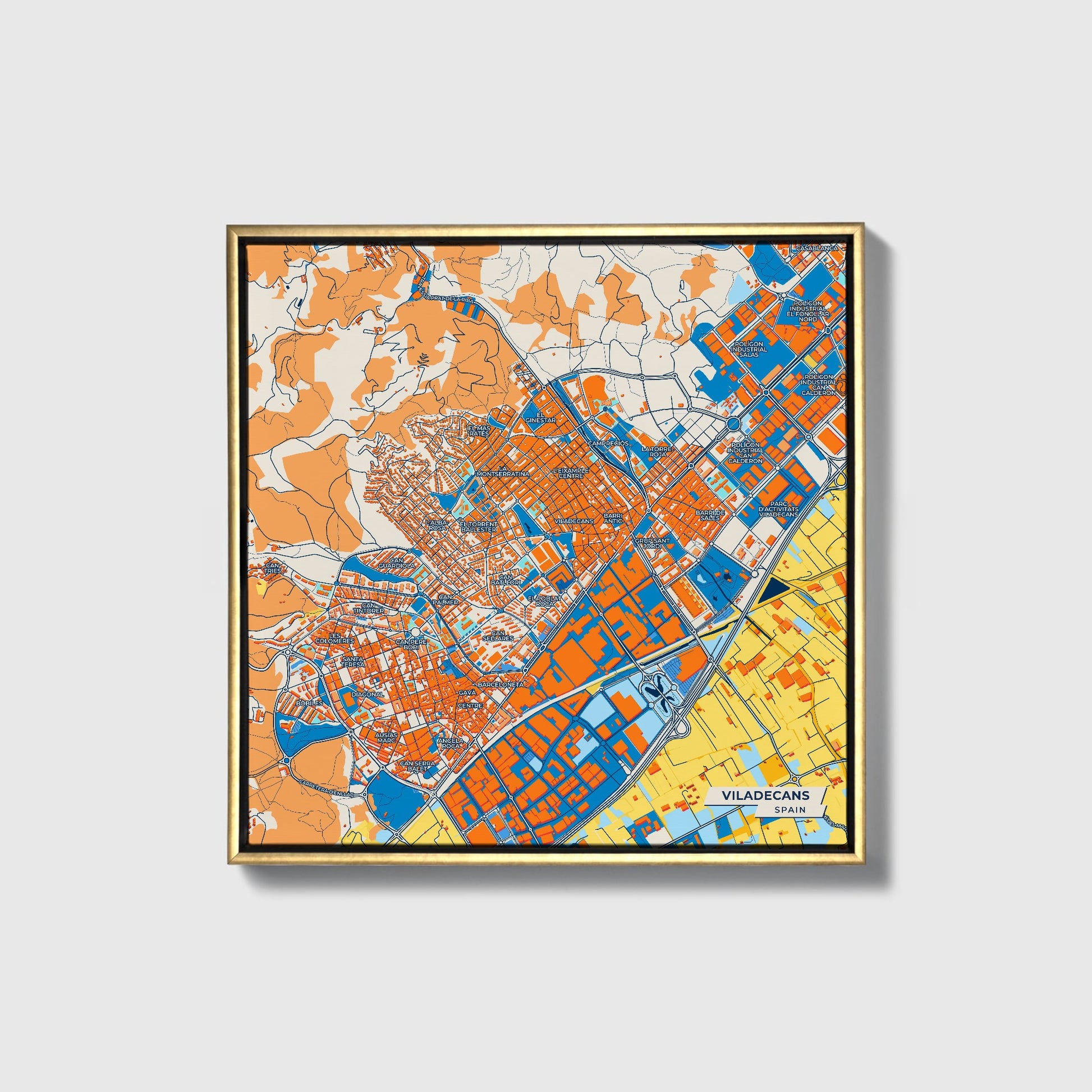 Viladecans Spain Colorful City Map Canvas Print • Gold Framed