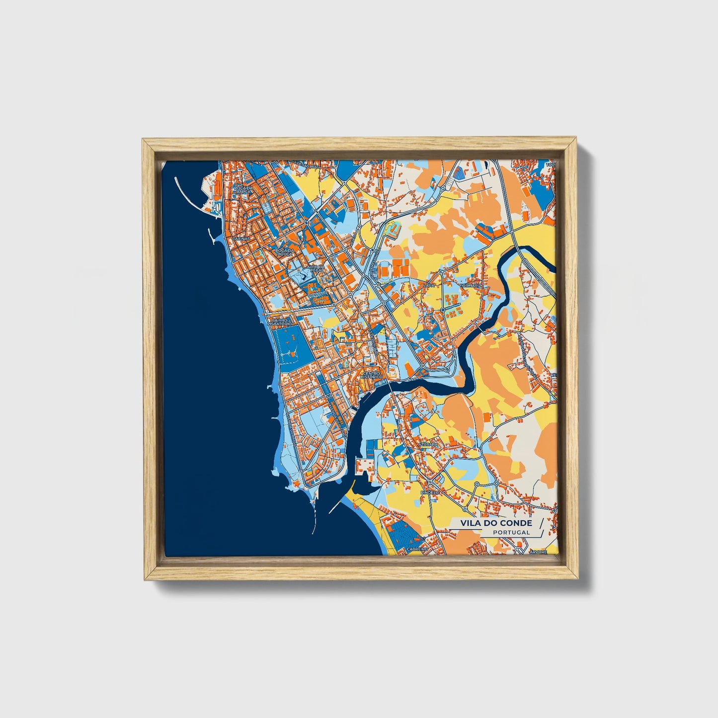 Vila Do Conde Portugal Colorful City Map Canvas Print • Natural Wooden Framed