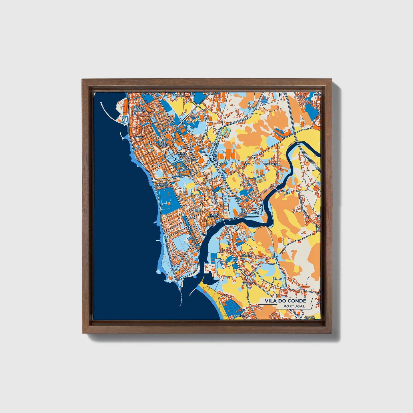 Vila Do Conde Portugal Colorful City Map Canvas Print • Dark Wooden Framed