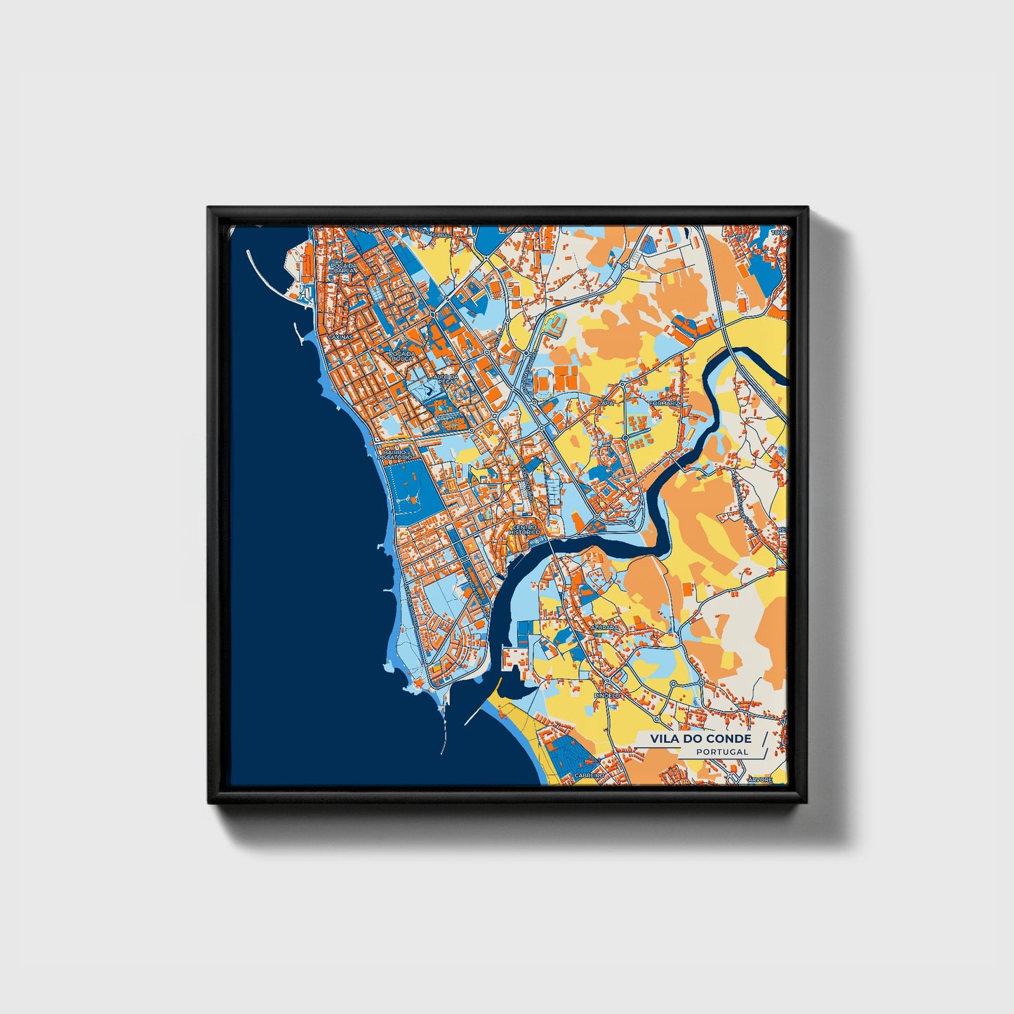 Vila Do Conde Portugal Colorful City Map Canvas Print • Black Framed