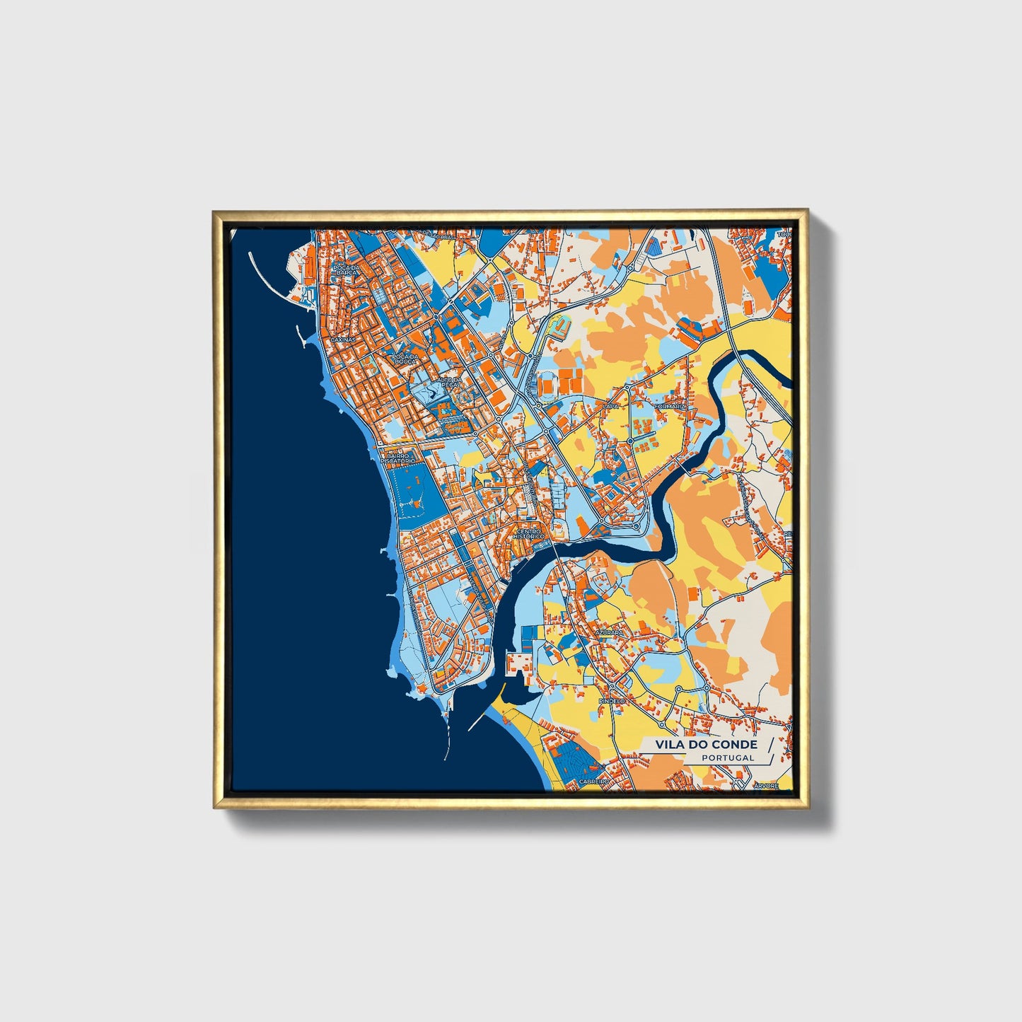 Vila Do Conde Portugal Colorful City Map Canvas Print • Gold Framed