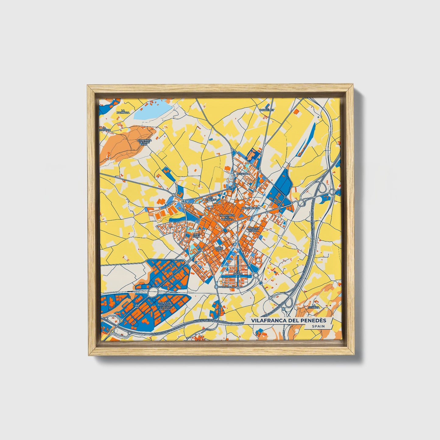 Vilafranca Del Penedès Spain Colorful City Map Canvas Print • Natural Wooden Framed