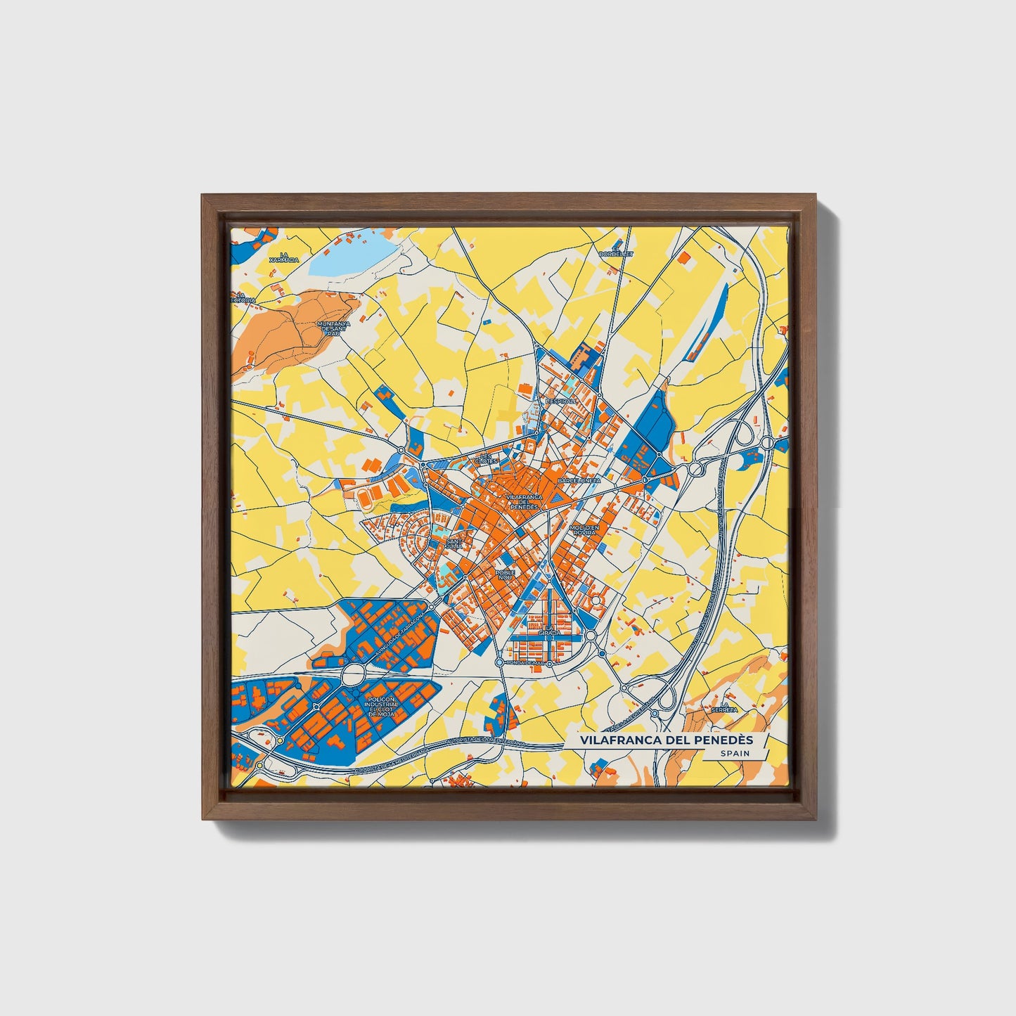 Vilafranca Del Penedès Spain Colorful City Map Canvas Print • Dark Wooden Framed