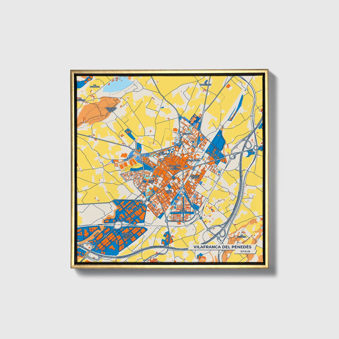 Vilafranca Del Penedès Spain Colorful City Map Canvas Print • Gold Framed