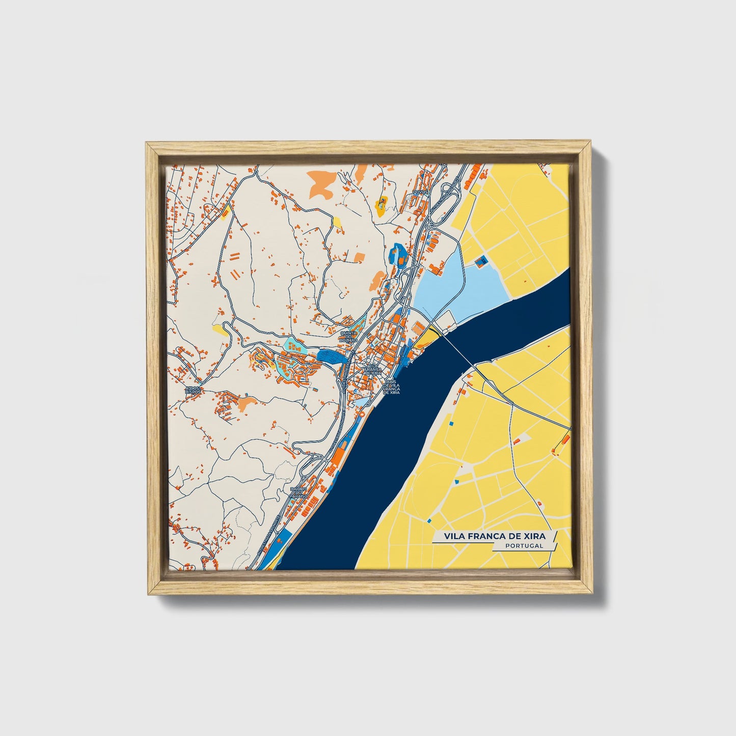 Vila Franca De Xira Portugal Colorful City Map Canvas Print • Natural Wooden Framed