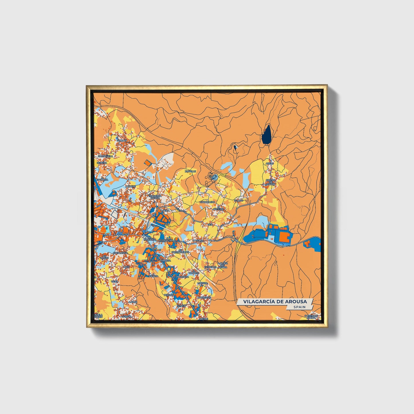 Vilagarcía De Arousa Spain Colorful City Map Canvas Print • Gold Framed
