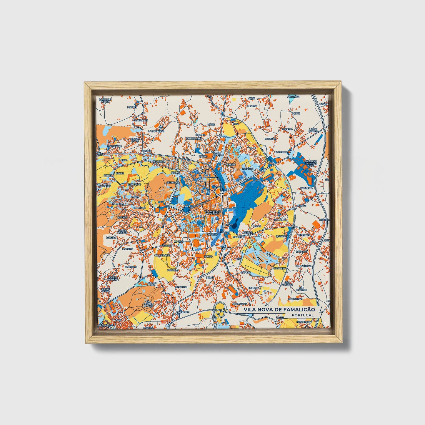 Vila Nova De Famalicão Portugal Colorful City Map Canvas Print • Natural Wooden Framed