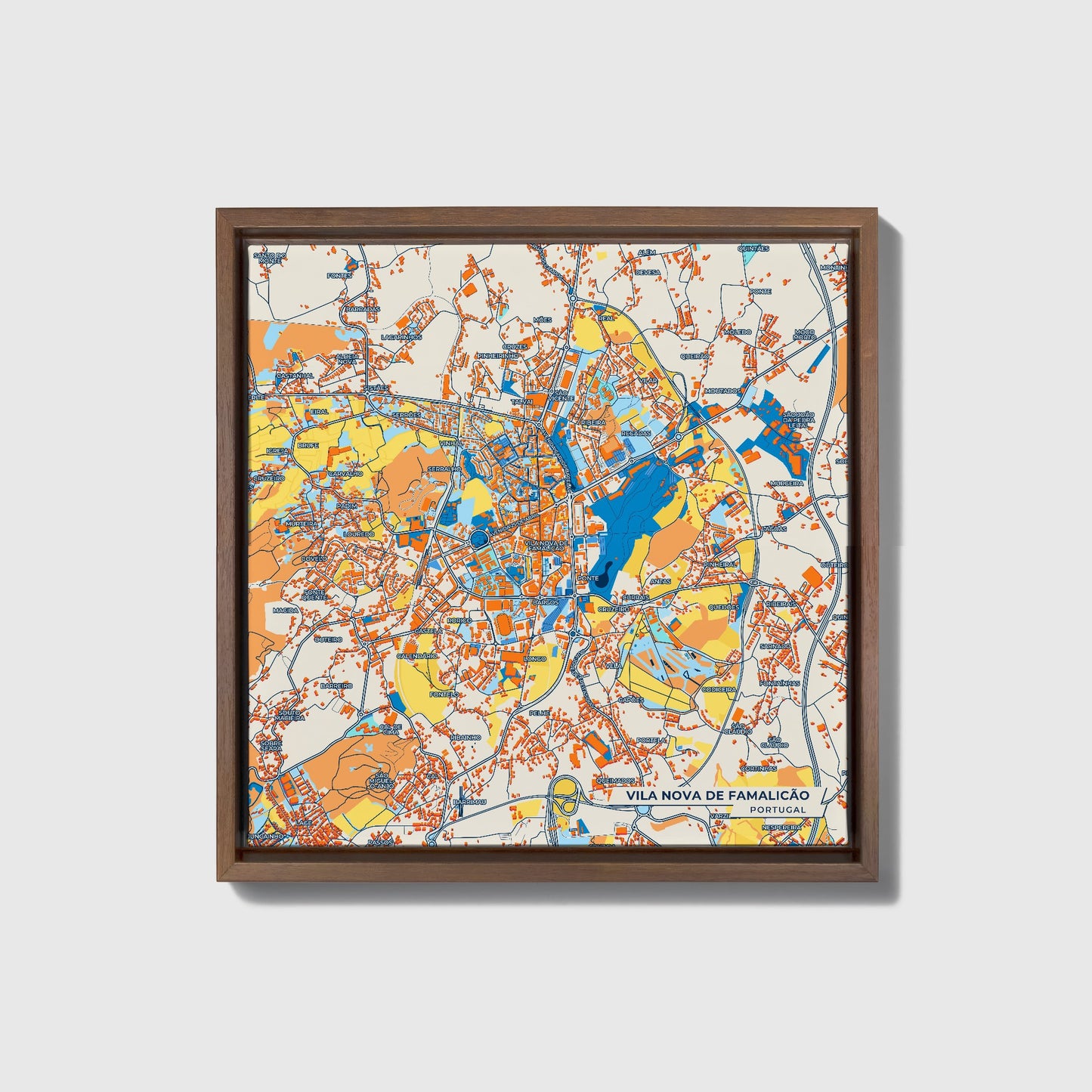 Vila Nova De Famalicão Portugal Colorful City Map Canvas Print • Dark Wooden Framed