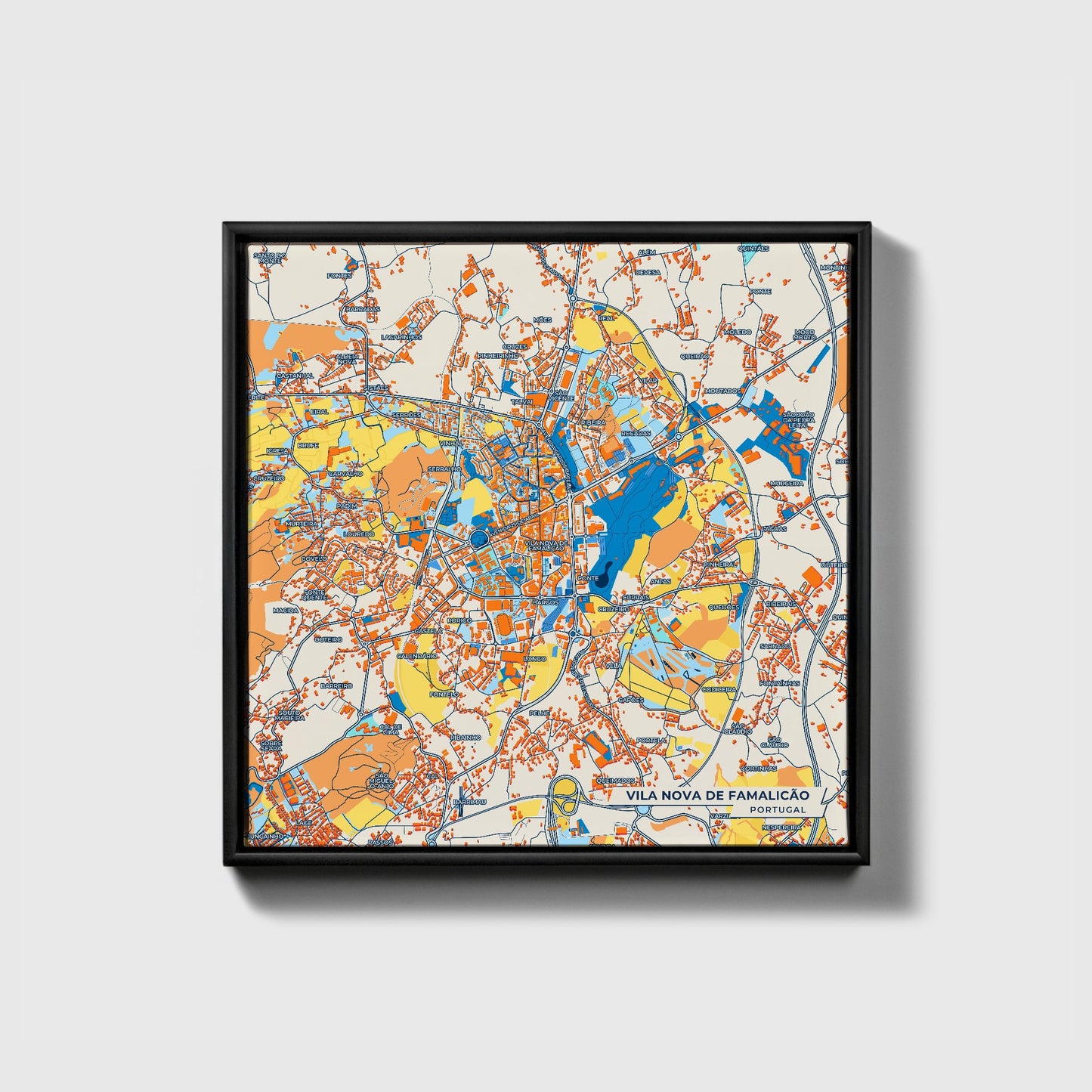 Vila Nova De Famalicão Portugal Colorful City Map Canvas Print • Black Framed