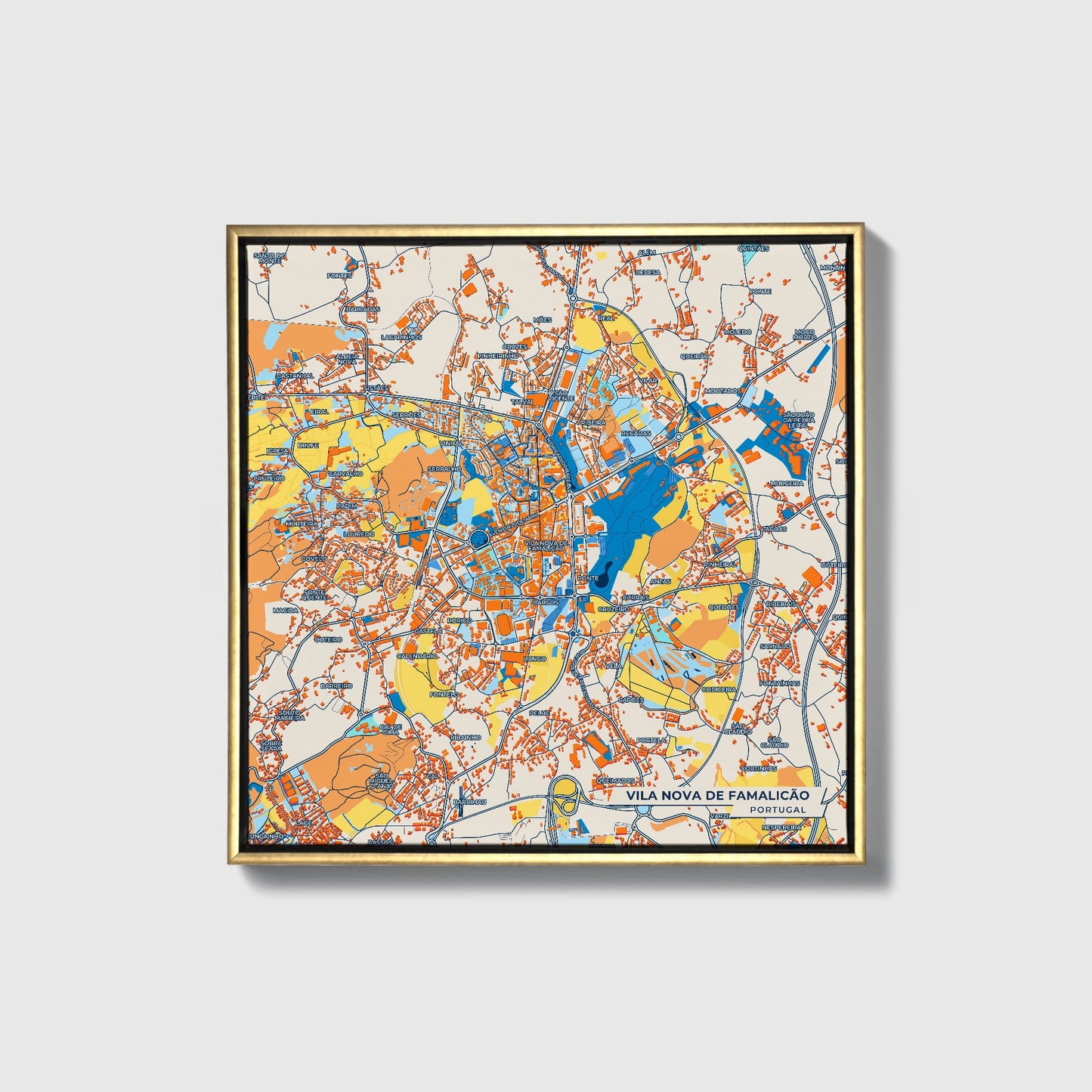 Vila Nova De Famalicão Portugal Colorful City Map Canvas Print • Gold Framed