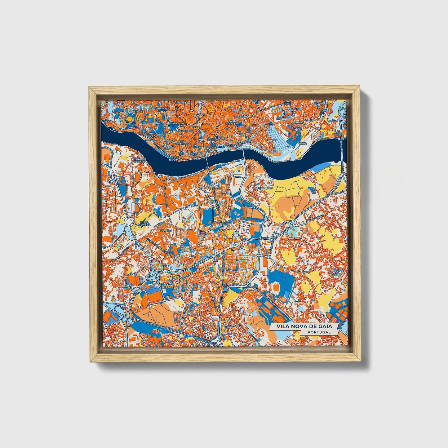 Vila Nova De Gaia Portugal Colorful City Map Canvas Print • Natural Wooden Framed