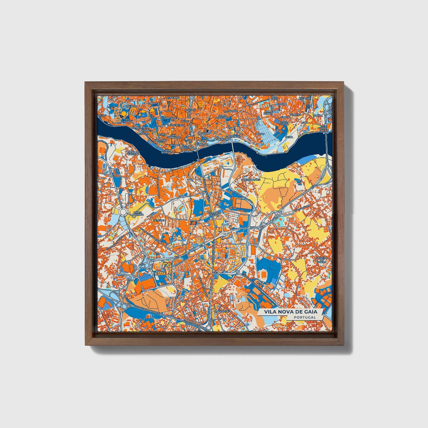 Vila Nova De Gaia Portugal Colorful City Map Canvas Print • Dark Wooden Framed