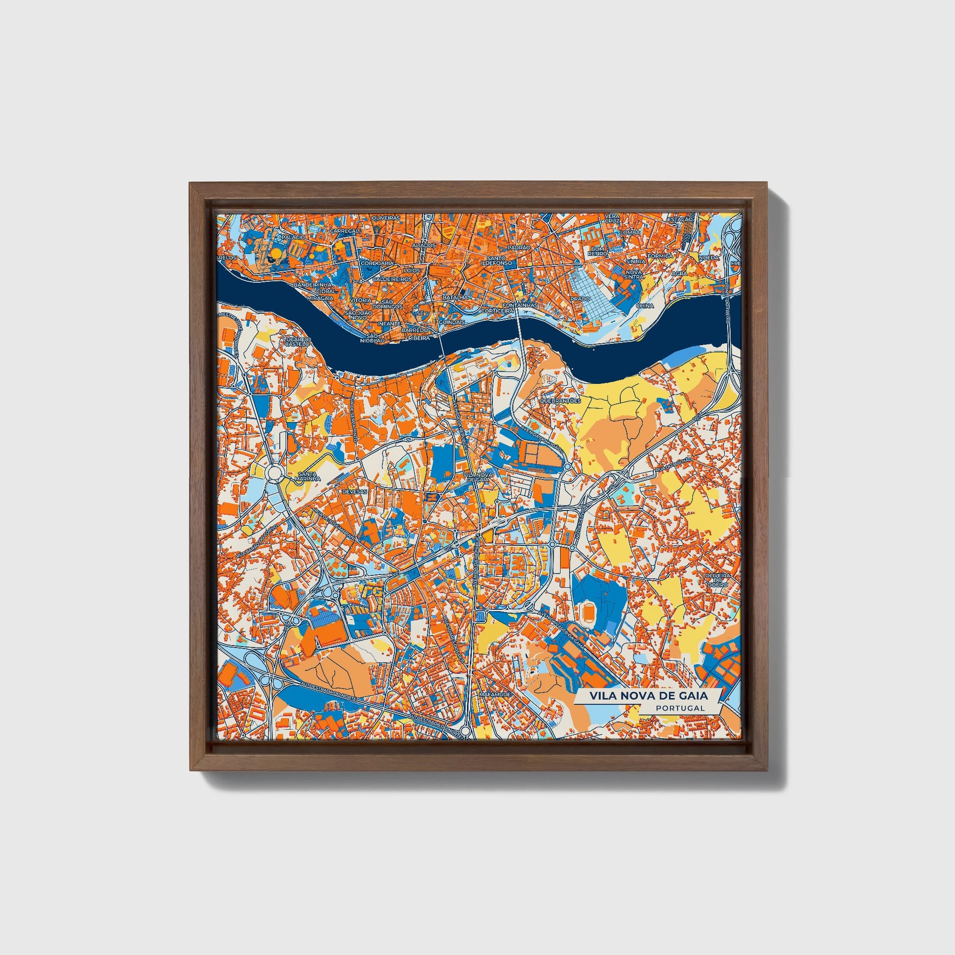 Vila Nova De Gaia Portugal Colorful City Map Canvas Print • Dark Wooden Framed