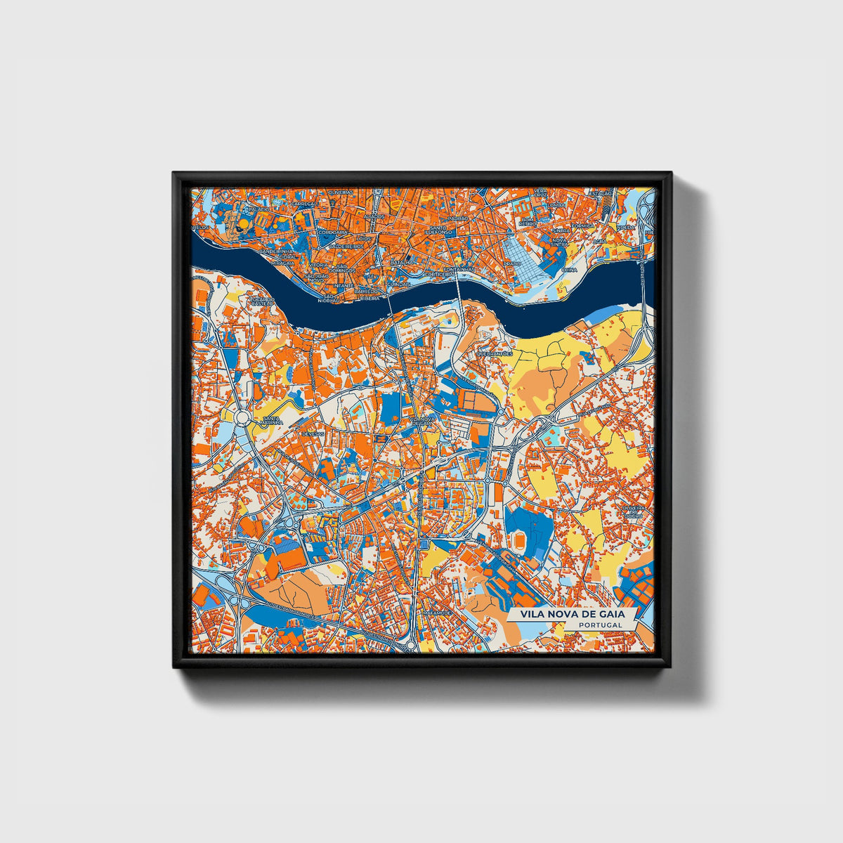 Vila Nova De Gaia Portugal Colorful City Map Canvas Print • Black Framed