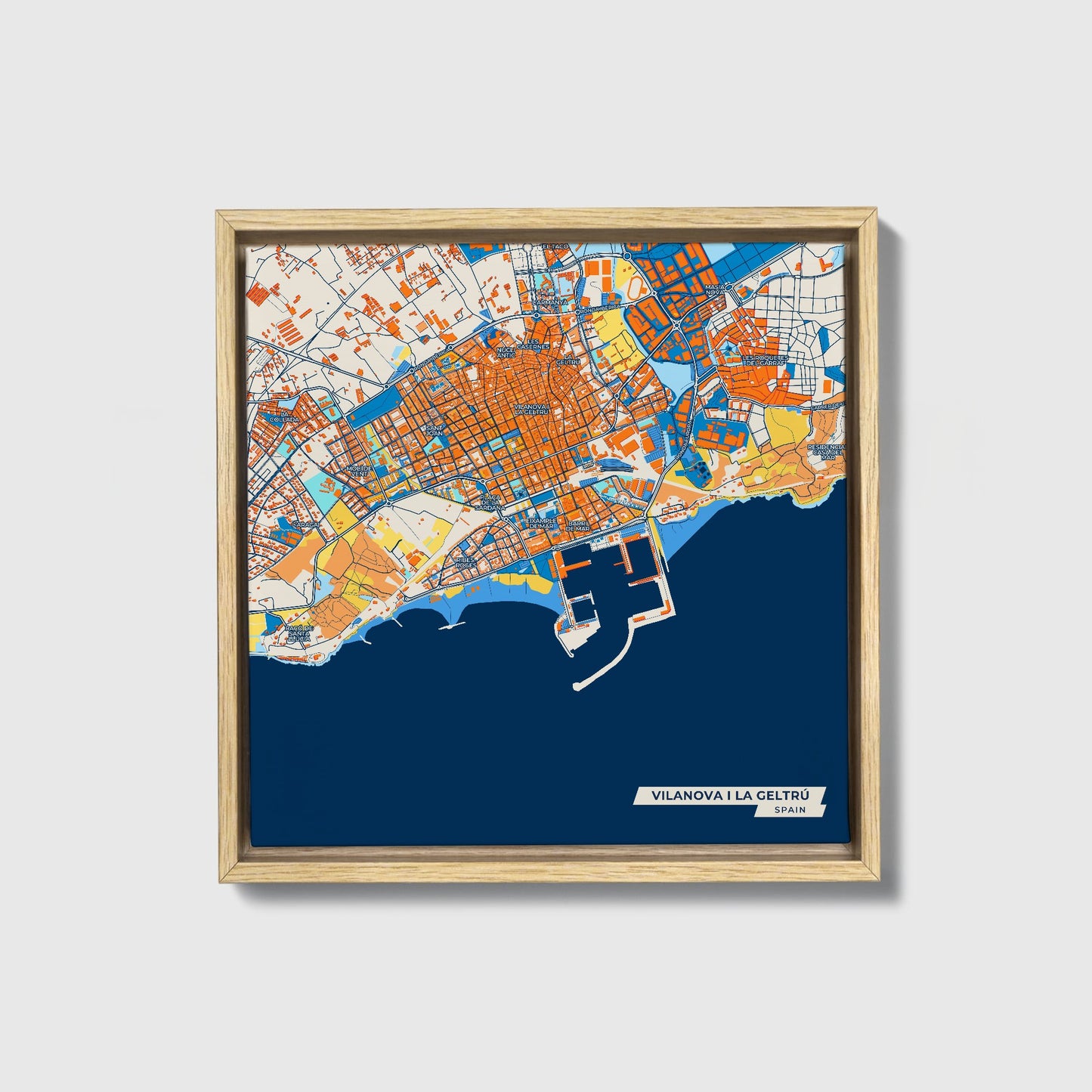 Vilanova I La Geltrú Spain Colorful City Map Canvas Print • Natural Wooden Framed