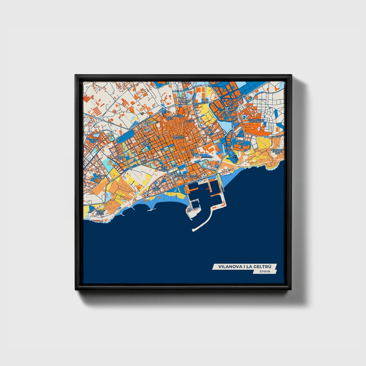 Vilanova I La Geltrú Spain Colorful City Map Canvas Print • Black Framed