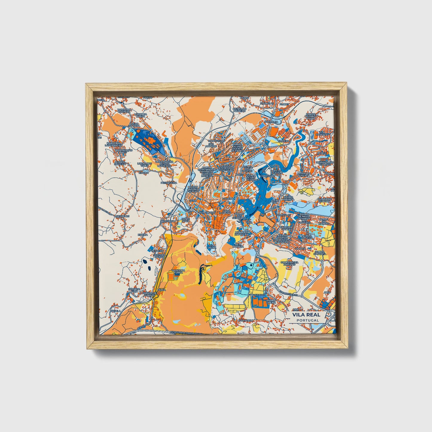 Vila Real Portugal Colorful City Map Canvas Print • Natural Wooden Framed