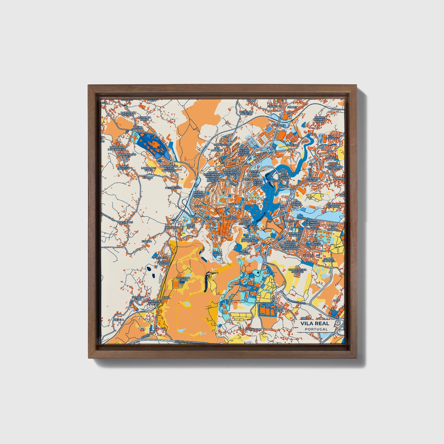 Vila Real Portugal Colorful City Map Canvas Print • Dark Wooden Framed