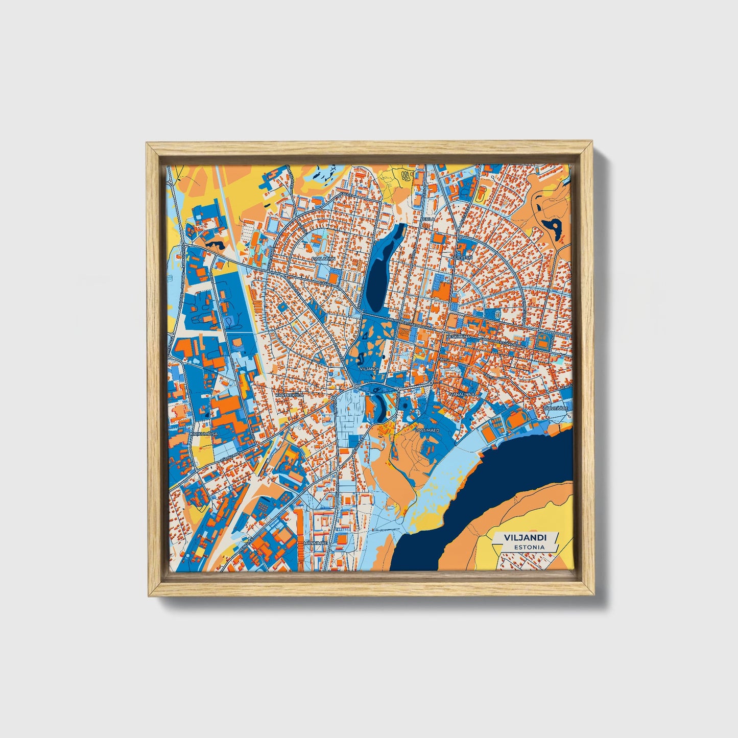 Viljandi Estonia Colorful City Map Canvas Print • Natural Wooden Framed
